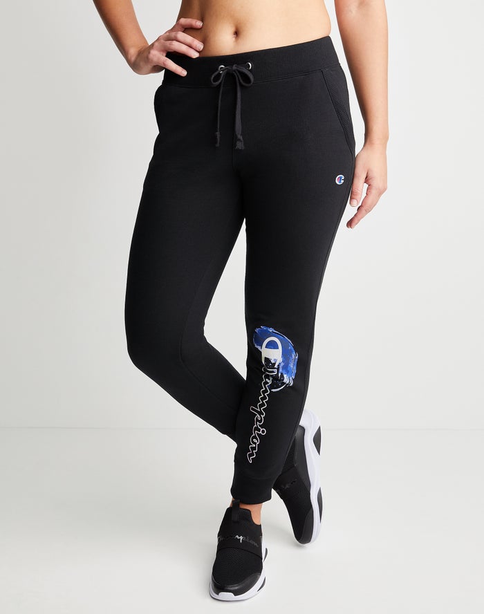 Champion Powerblend Fleece Crashing Wave & Script Logo Joggingbroek Dames - Zwart - Belgie 7261RGEMK